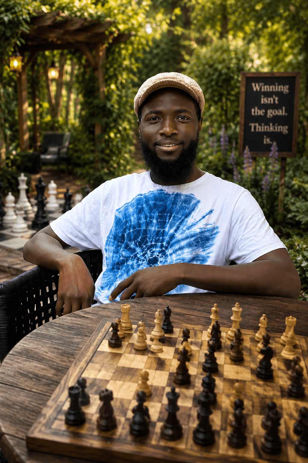 Coach Rodolfo Machirica sitting in a garden with a chessboard
